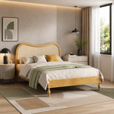 Mid-Century Modern Queen Platform Bed Frame with Curved Rattan Cane Headboard, Wood Slat Support, No Box Spring Needed, Easy Assembly