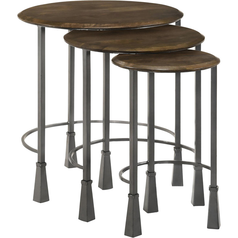 3 tables gigognes: dessus en bois de manguier et tables à armature en bronze industriel - finition fer