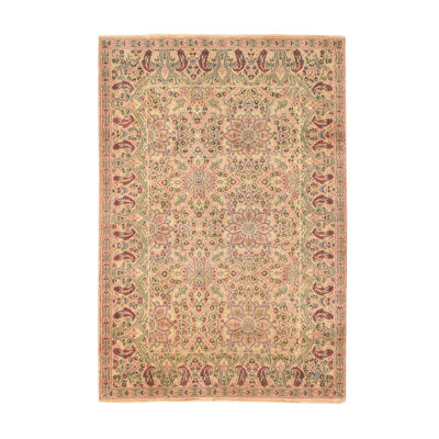 4'1"x5'10" Sand Brown, Vintage Persian Ghom, Flower Design, Pure Wool, Hand Knotted, Good Condition, Full Pile, Clean, Oriental Rug