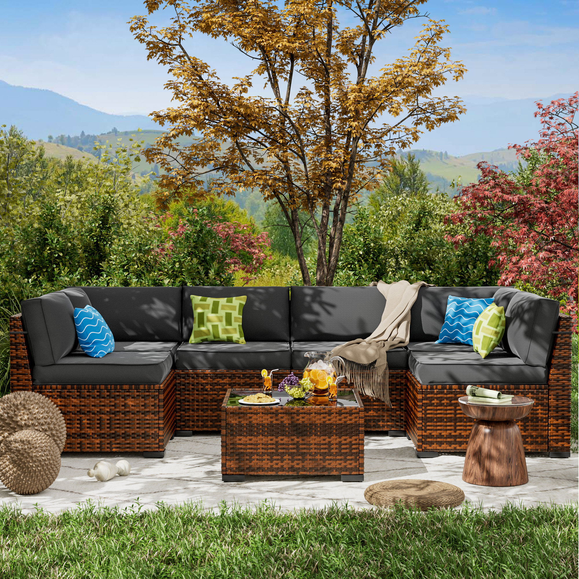 Latitude Run® Marenna 7 Piece Slanted Back Rattan Sectional Seating