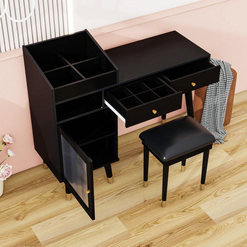 Makeup Vanity Desk with Drawers, Cabinet and Charging Port, Black