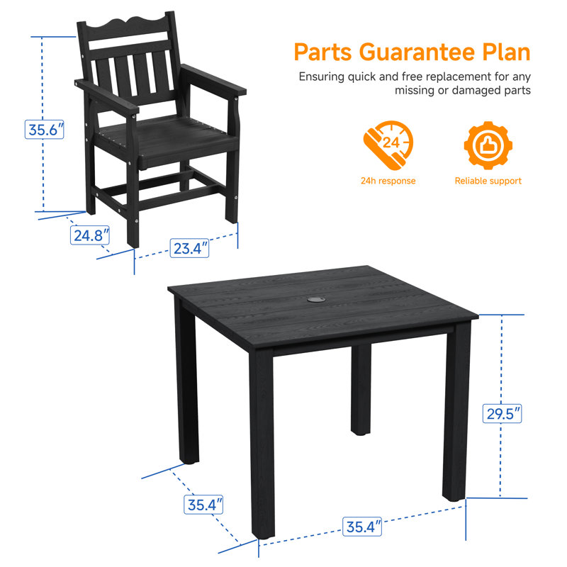  5-Piece Outdoor Dining Set with Umbrella Hole, HIPS All Weather Patio Table and 4 Chairs, Ergonomic Seats for Patio, Yard, Poolside