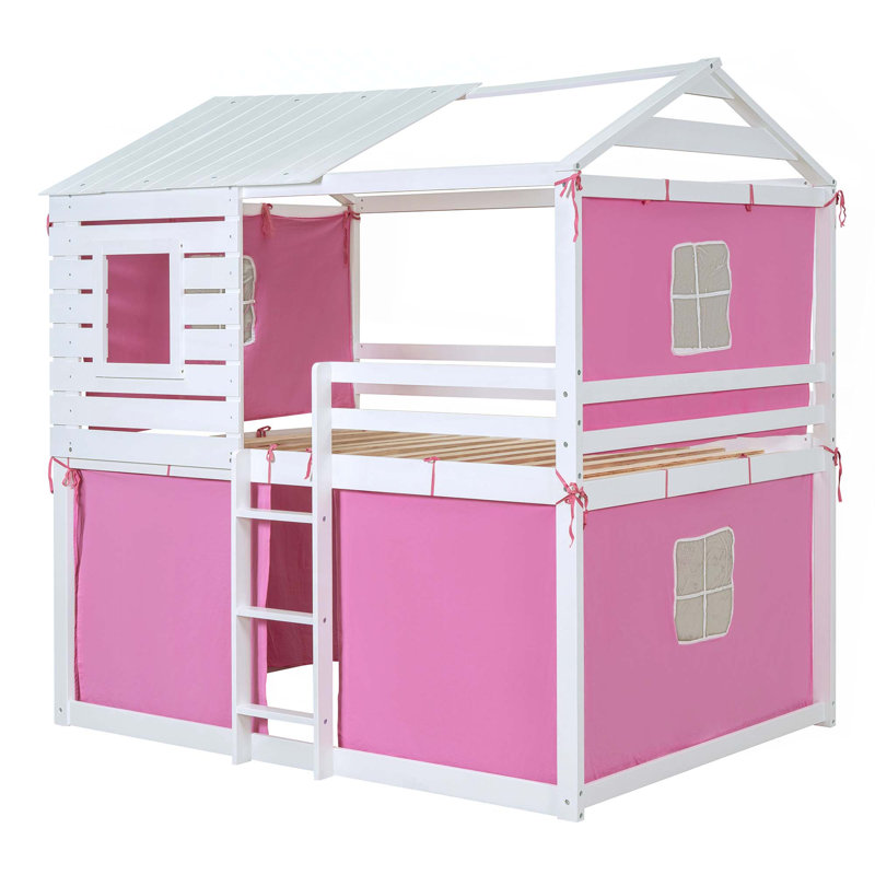 Bunk Wood House Bed With Tent