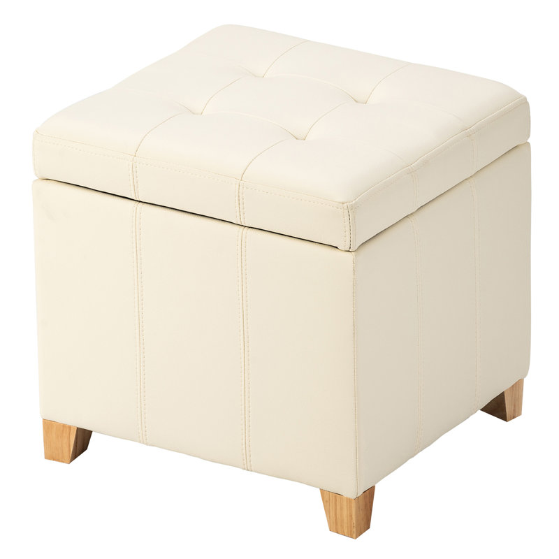 Repose-pieds carré avec rangement capitonné 17,5 po, Similicuir blanc cassé, Natural Wood