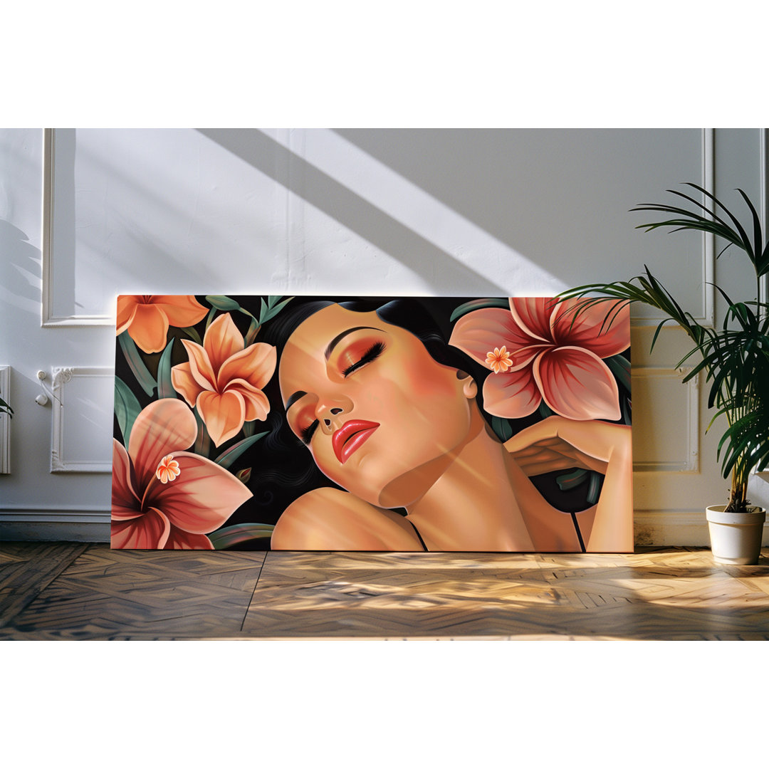 Wandbild 120x60cm Schlafende Schönheit junge Frau Exotisch Blumen Blüten