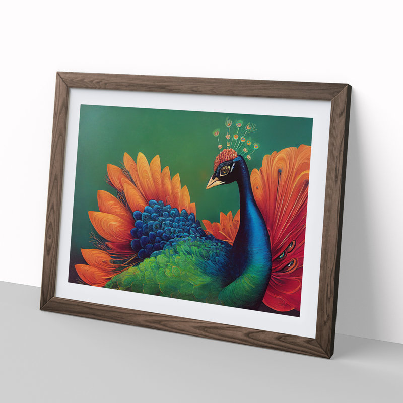 Awe Inspiring Peacock - Single Picture Frame Print, 25cm H x 34cm W x 2cm D, Walnut Framed