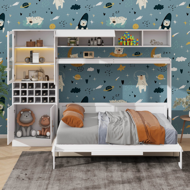 Lit escamotable fixé au mur avec canapé intégré, bibliothèques, charge USB et éclairage, Lit double, Blanc