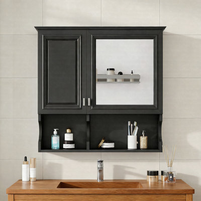 30 Inch Wall-Mount Bathroom Mirror Cabinet With Open Shelves, Adjustable Shelf & Hidden Storage, Over-Toilet Storage