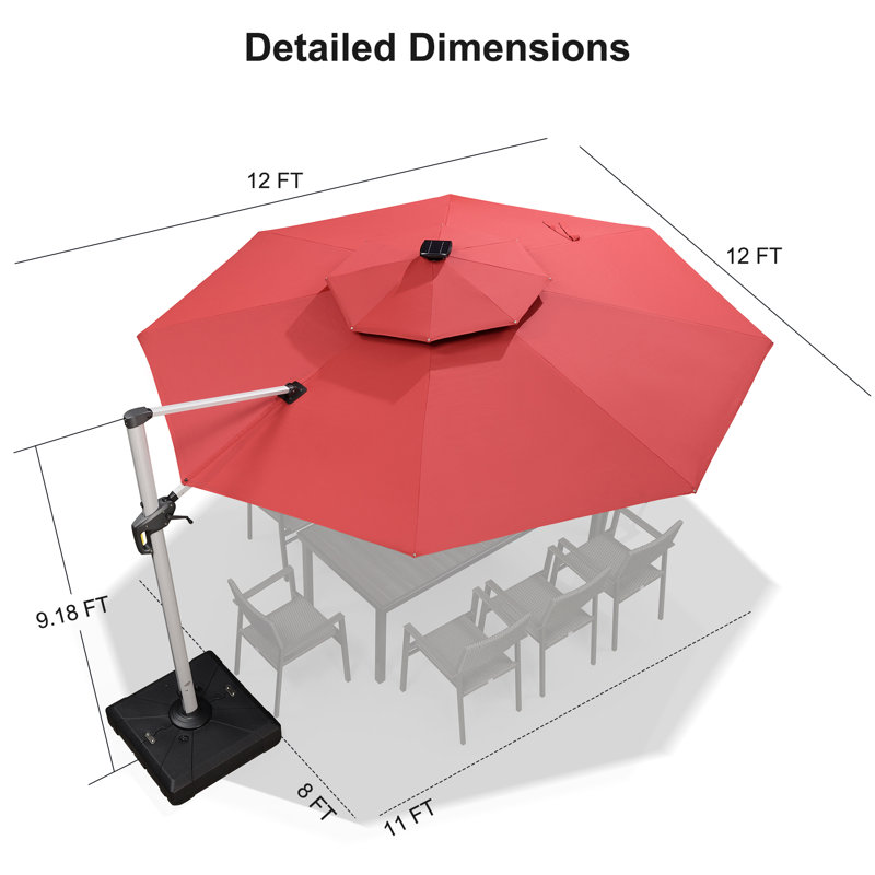 3.6m Square Lighted Cantilever Parasol With Base And Umbrella Cover, Terra