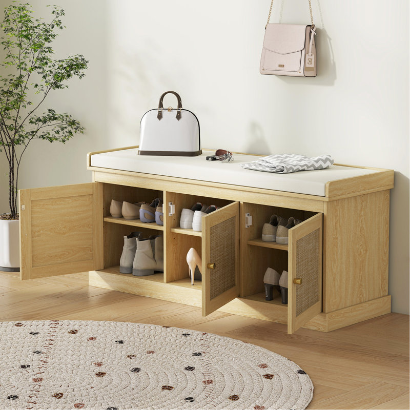 Banc à chaussures avec rotin tissé, banc à chaussures avec coussin, tablettes réglables, banc d'entrée pour chambre à coucher, salon, ton chêne