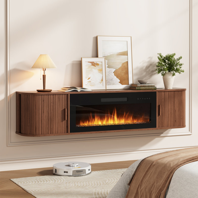 Meuble télé suspendu de 69 pouces avec foyer électrique, Walnut