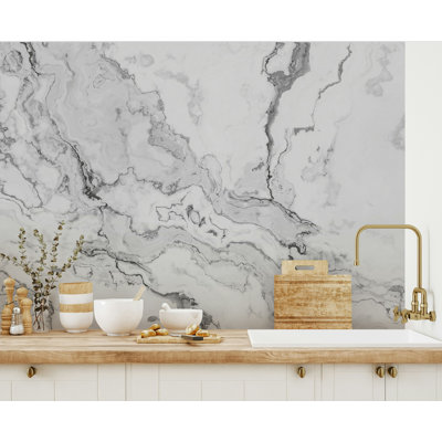 White Grey Marble Vein Modern Wallpaper