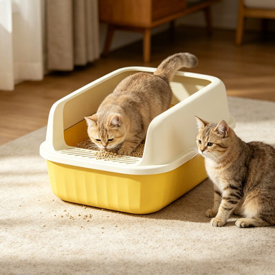 Bac à litière semi-fermé pour chat avec pelle, jaune