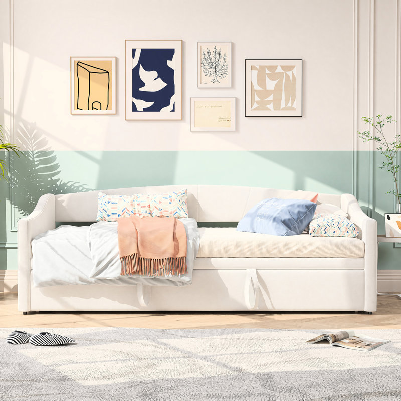 Velvet Upholstered Daybed with Pull Out Trundle, Beige
