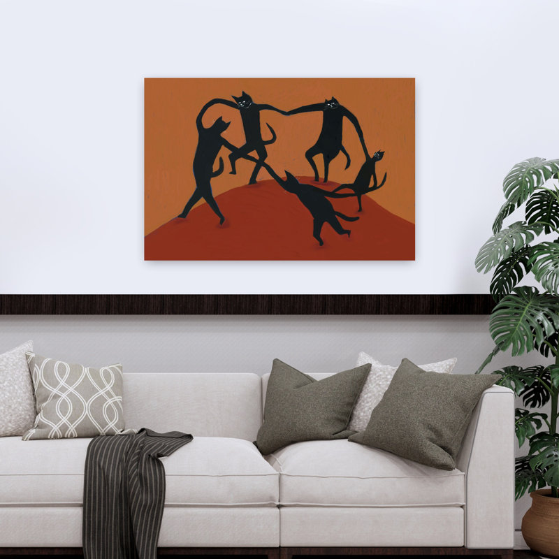 Dancing Black Cats Playful Whimsical Contemporary Cat Wall Art, 32" H x 48" W