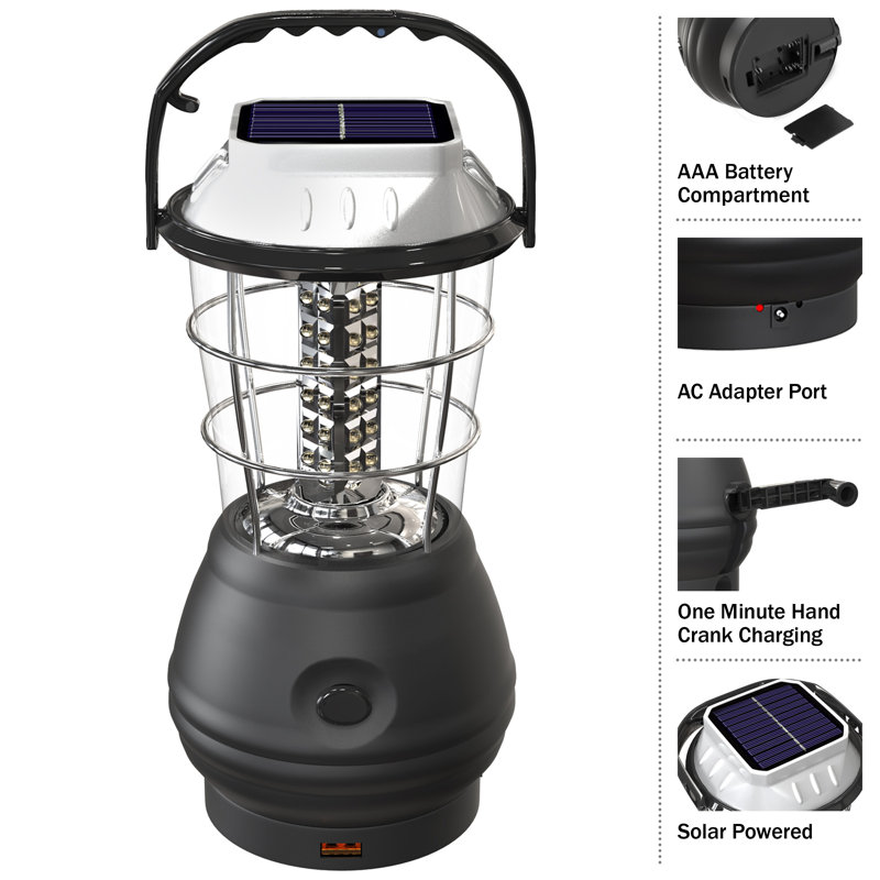 Black Solar Powered LED Camping Lantern with Hand Crank