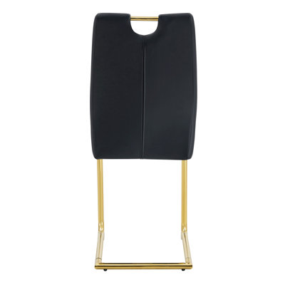 Of 4 Black Pu Dining Chairs - Elegant Choice For Home And Work. Leather, Golden Metal Chair Legs. Comfortable Seat. Slip Bottom Fashionable Seating. Gold- Breathable Cushion. Feet Floor