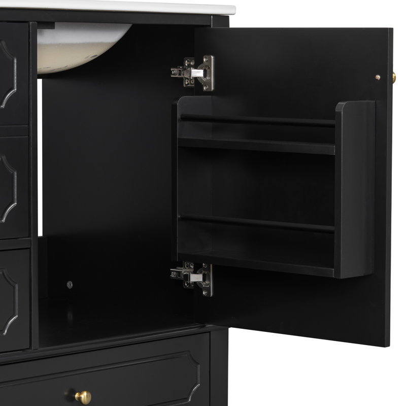 30" Bathroom Vanity With Sink, Freestanding White Vanity Cabinet With Ceramic Basin, Black