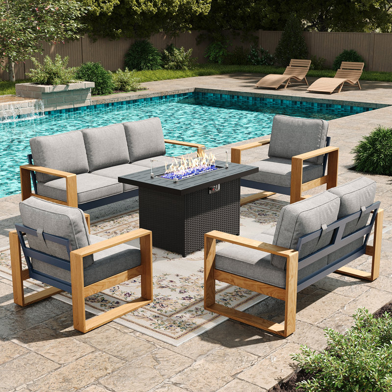 Modern Aluminum 5-piece Patio Conversation Set With Firepit Table, Outdoor All Weather Furniture Set, Light Grey