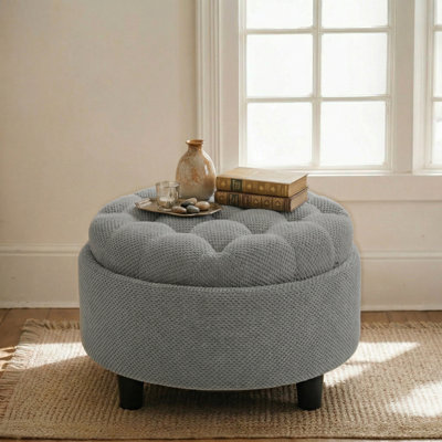 2-in-1 Round Storage Ottoman with Tray Top & Fabric Upholstery, Upholstered Ottoman Coffee Tablel with Hidden Storage for Living Room Bedroom