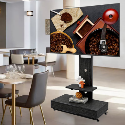 Chariot de télévision mobile de 32 à 75 pouces avec tiroir à tirer et roues verrouillables, support noir pour le salon, les bureaux de la chambre à coucher, + 10 tablettes réglables en métal, tablette extérieure, roulettes 30 à gauche à droite
