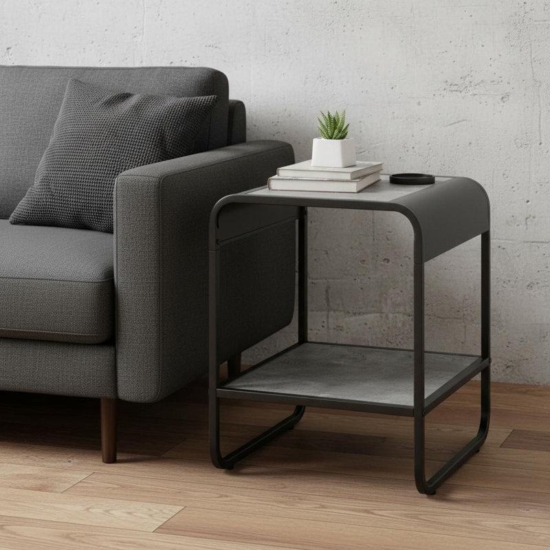  Table de bout contemporaine avec tablette noire et gris béton 21 po