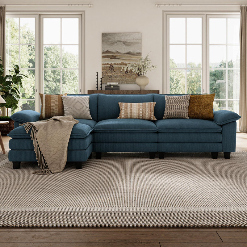Colbey 123'' Upholstered L-shape Modular Cloud Sectional with Ottoman, Navy