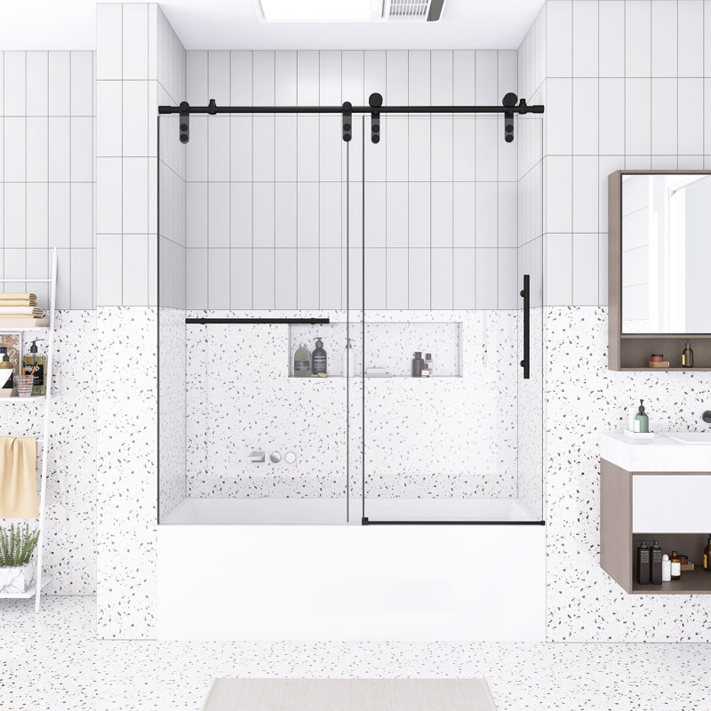 56-60" W X 66" H Frameless Single Sliding Bathtub Door, Tub Shower Door, 5/16" (8Mm) Clear Tempered Glass, Premium Stainless Steel Hardware,Matte Black