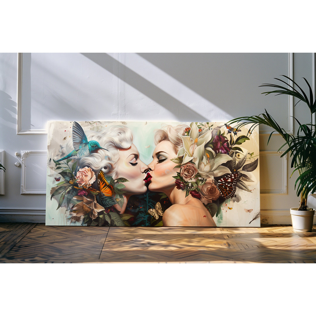 Wandbild 120x60cm Porträt von zwei jungen Frauen Kunstvoll Kuss Blumen Blüten