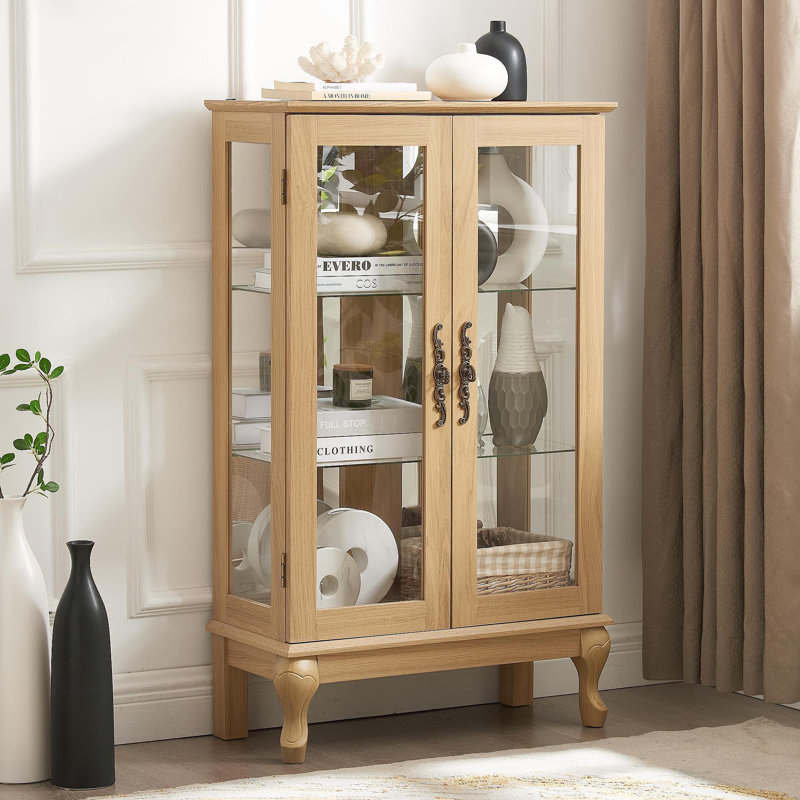 Armoire vitrée 2 portes avec portes en verre trempé, armoires vitrées avec panneau arrière en miroir et tablettes réglables, vitrine éclairée pour la maison, ampoule de bureau incluse
