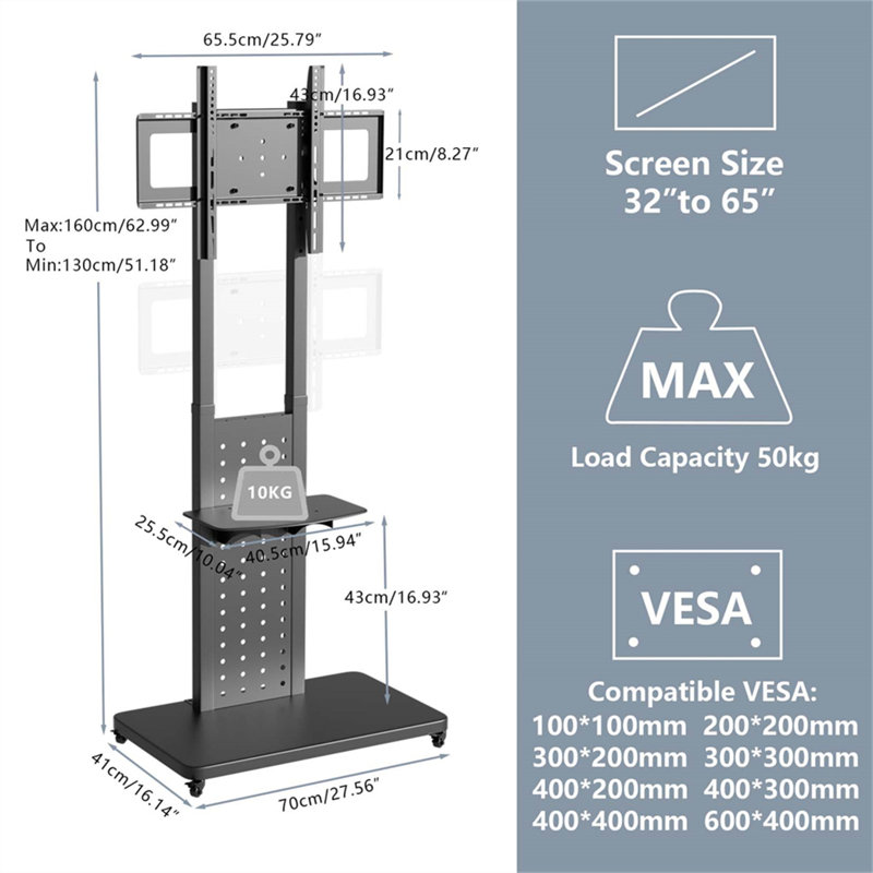 Heavy Duty Universal Floor Tv Stand Mobile Tv Cart With Shelf For 32"-65'' Led Lcd Tv Vertical/ Horizontal Display