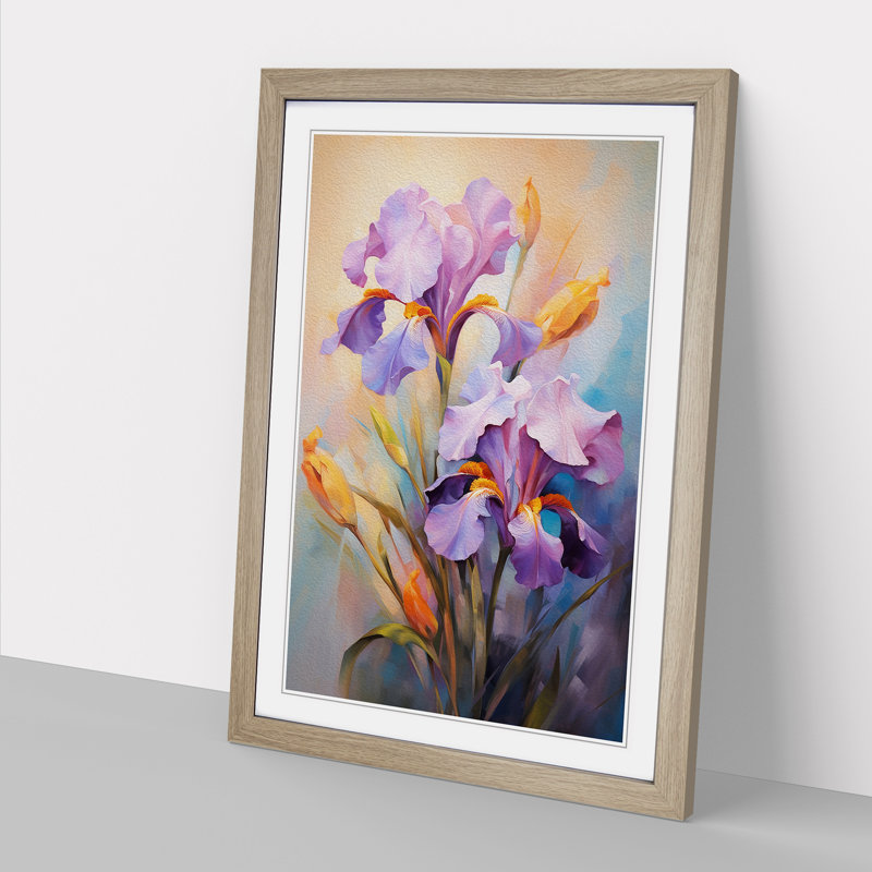 Iris Flower Impressionism - Single Picture Frame Print on Wood, 46cm H x 34cm W x 2cm D, Oak 