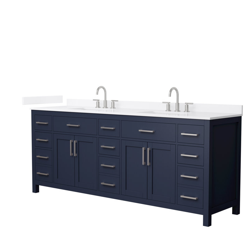 Beckett 84" Freestanding Double Bathroom Vanity with Quartz Top, Dark Blue, White Quartz, Brushed Nickel