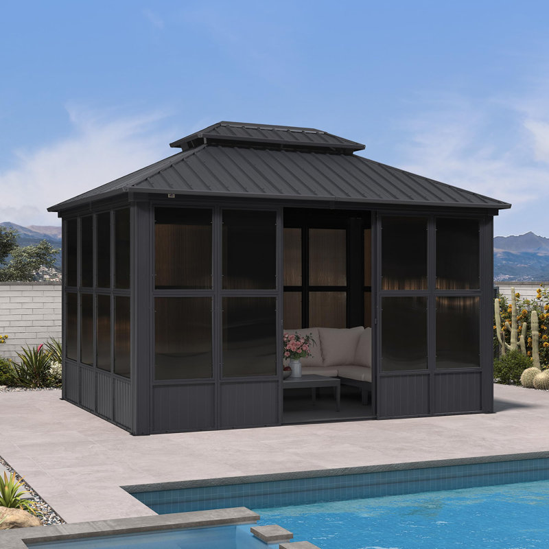 PURPLE LEAF 10'W x 13'D Hardtop Aluminum Gazebo Double Roof All-Weather Outdoor Sunroom Patio Screen House in Gray