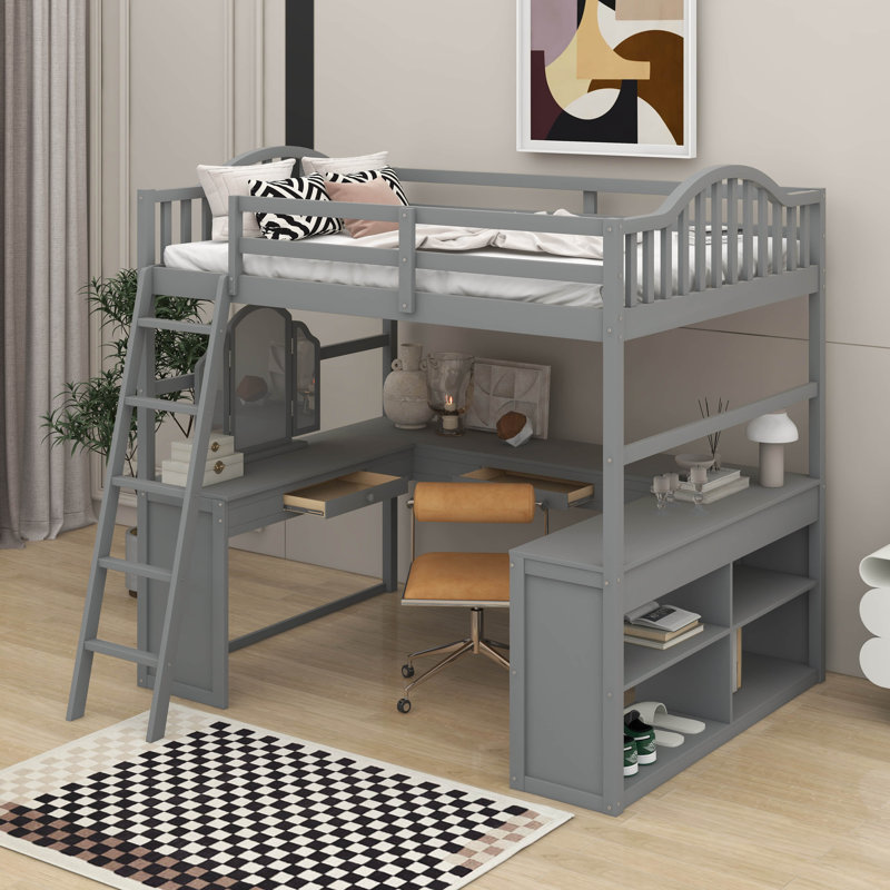 Lit mezzanine double en bois avec bureau, gris