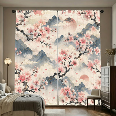 2PCS Japanese Pink Cherry Blossom Mountain Cloud Sun Light Filtering Rod Pocket Curtains, Artistic Oriental Spring Landscape Print Window Drapes, All Season Home Decor for Living Room, Bedroom, Dorm, Soft Asian Floral Window Treatments