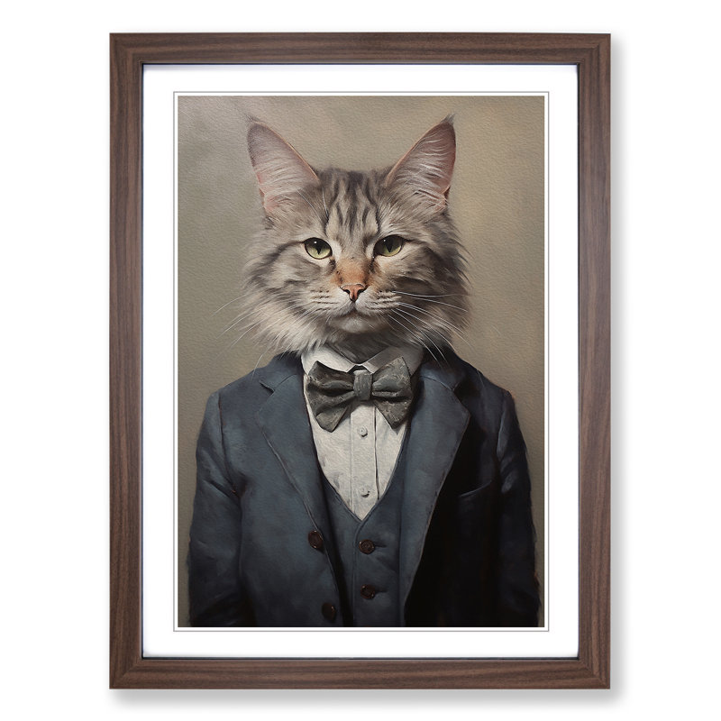 Cat In A Suit No.7 - Single Picture Frame Print on Wood, 46cm H x 34cm W x 2cm D, Walnut 