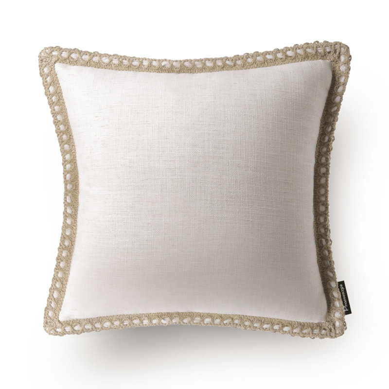Coussin décoratif carré en mélange de lin 20 po avec garniture décorative en jute et insert, Carré 20 po, Blanc