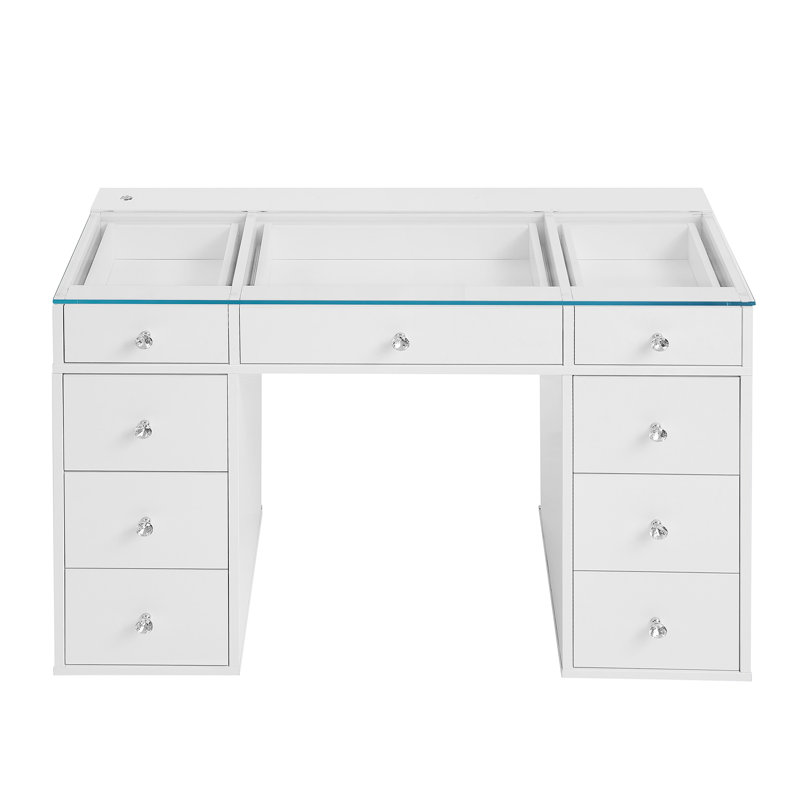 Slaystation Kids Vanity Table With LED Strip Light Tabletop, Faux Crystal Luxe Knobs 7 Storage Drawer Units, Clear Glass Top And Tri Tone Lighting