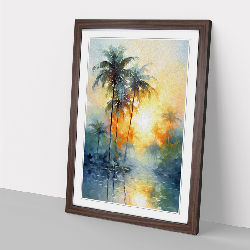 Palm Tree Impressionism No.3 - Single Picture Frame Print on Wood, Walnut Framed, 46cm H x 34cm W