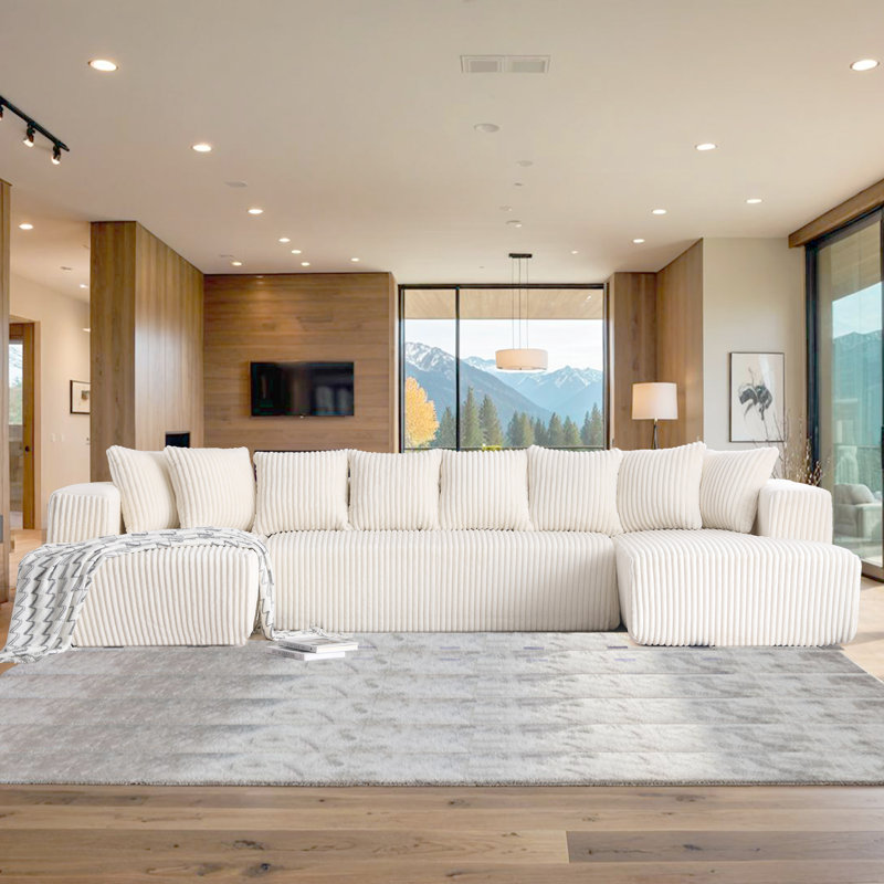 Kustas 133.45''W Corduroy U-shape Modular Low Back Vacuumed Sectional, Beige Corduroy