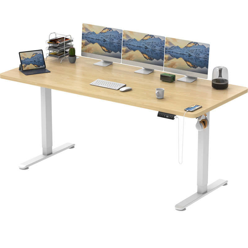 Height Adjustable T-Shaped Computer Desk Electric Standing Desk with USB Charging, Beige, 115cm H x 180cm W x 80cm D, White