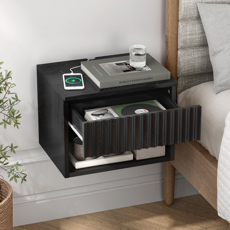 Drawer Wall-Mounted Nightstand With Open Cubby, Oak, Set of 2