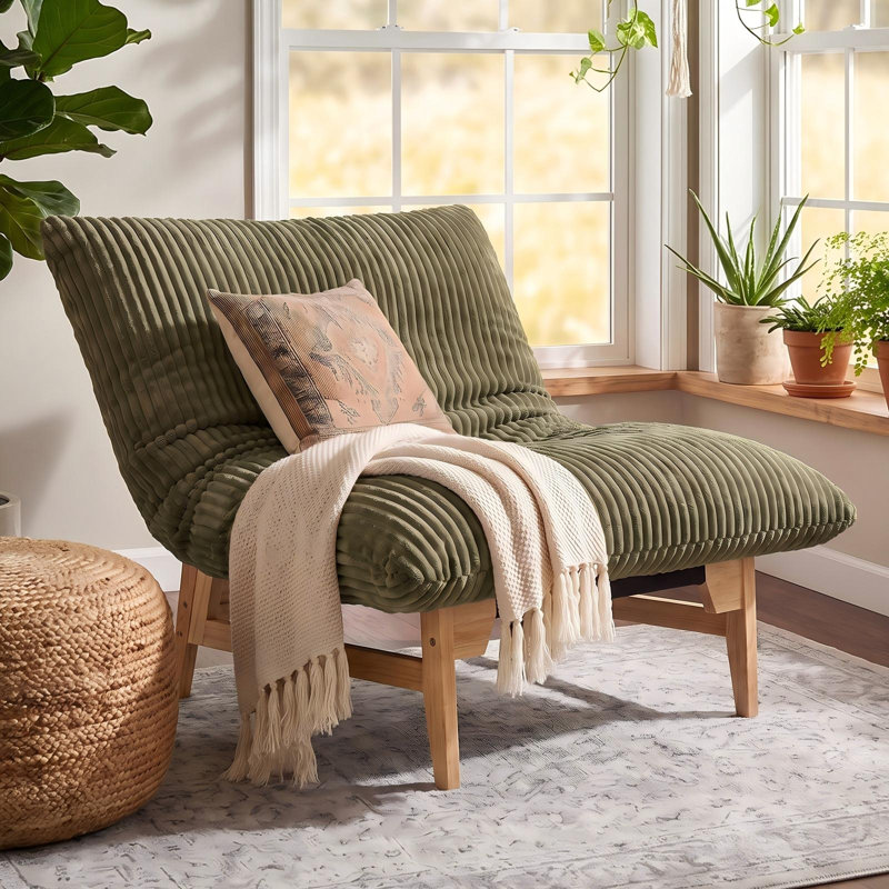 Corduroy Upholstered Lounge Chair, 10.2" Seat Height, Solid Rubberwood Frame, Low Profile Accent Chair, Olive Green