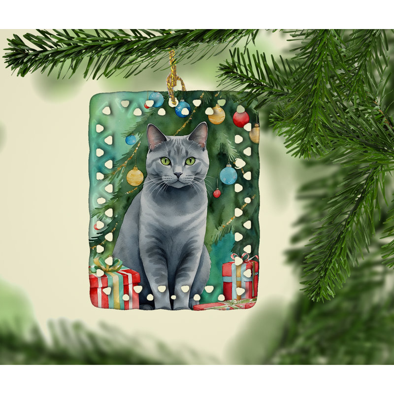 Ornement en porcelaine Chartreux Cat by the Christmas Tree, Chartreux