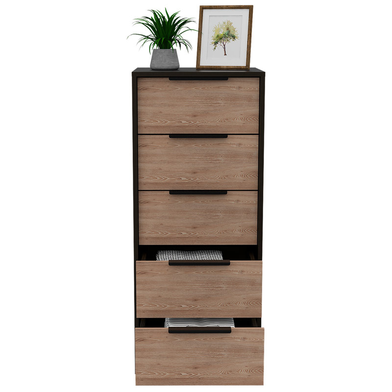 Commode verticale H 42 po, 5 tiroirs, commode verticale, noir / chêne clair, Noir / brun