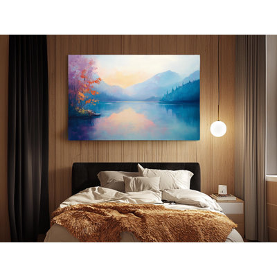 «Serene Mountain Lake», reproduction d'art sur toile - paysage d'automne tranquille avec des reflets mauves et bleus - prêt à être accroché ou sur mesure