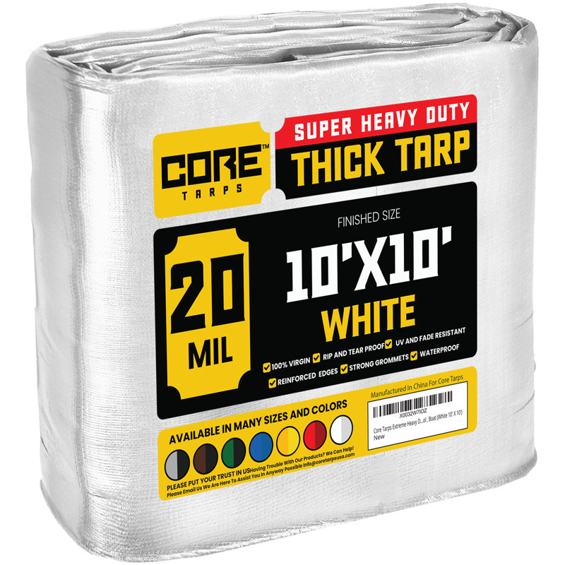 Bâche en polyéthylène robuste de 20 mil, imperméable et résistante aux rayons UV, Blanc, 10 ft. x 10 ft.