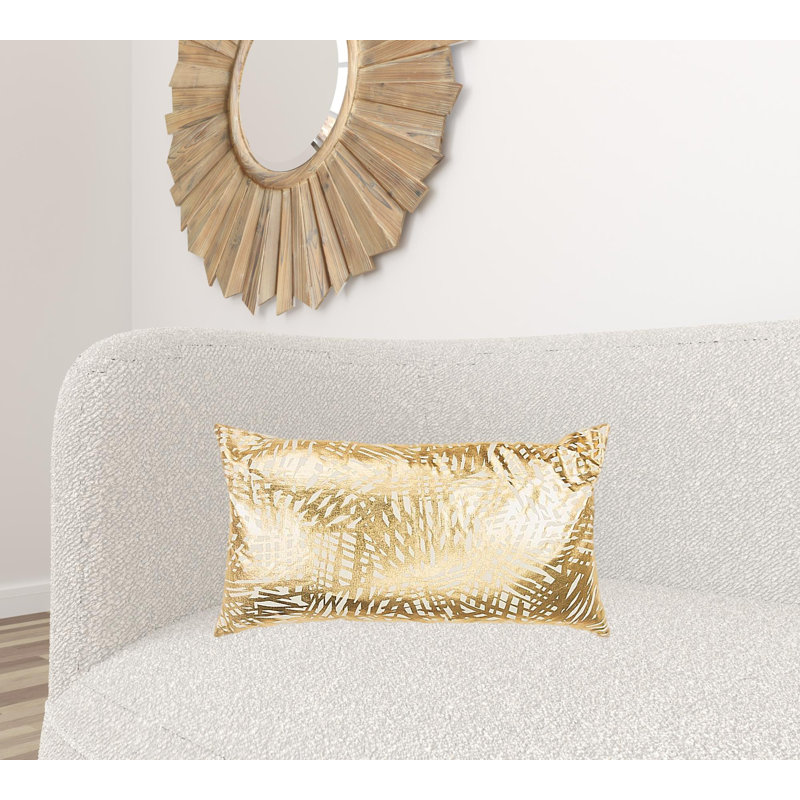 Gold and White Cotton Lumbar Pillow with Etched Pattern