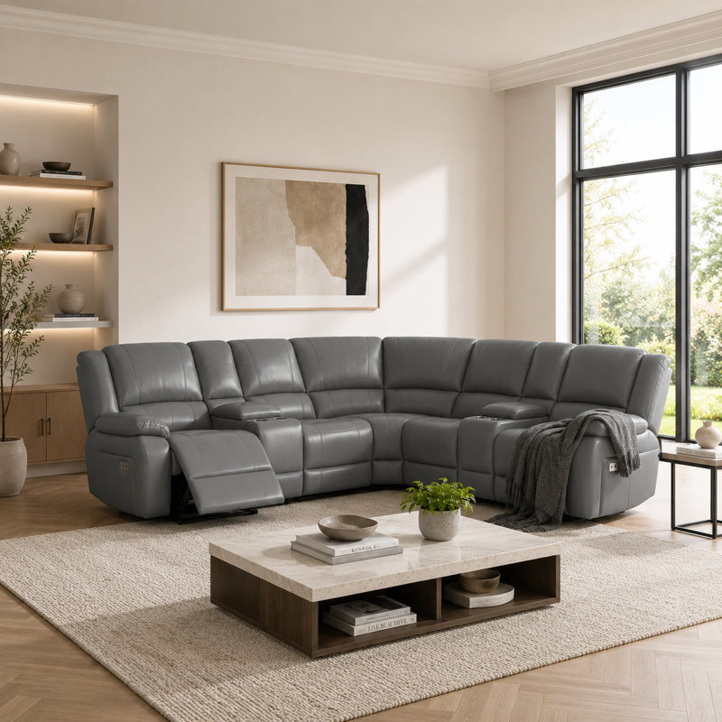 One Sectional 109'' Faux Leather Manual Reclining Sectional Couch with 2 Consoles for Living Room Set, Gray